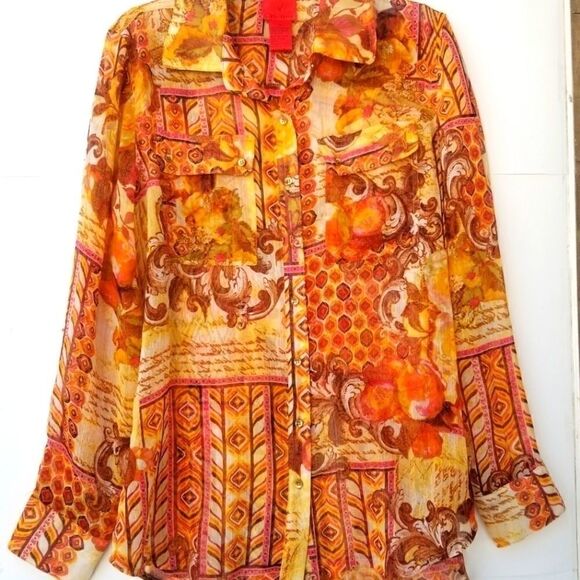 V CRISTINA SEMI SHEER AUTUMN COLORED TOP. SZ M - Picture 1 of 16